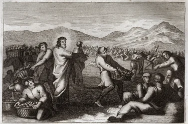 Bibbia di Royaumont, Nuovo Testamento: Moltiplicazione dei pani. Gesù Cristo moltiplica cinque pani e sfama cinquemila uomini. Illustrazione del 1811.