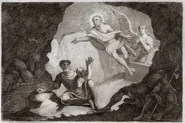 Bibbia di Royaumont, Nuovo Testamento: Resurrezione. Gesù Cristo risorge dalla sua tomba sotto lo stupore dei soldati romani che si erano addormentati. Illustrazione del 1811 (incisione)