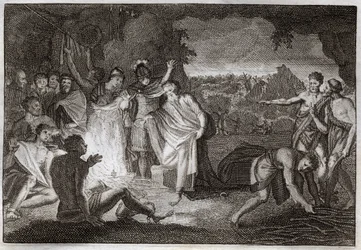 Bibbia di Royaumont, Nuovo Testamento: Naufragio di San Paolo. Viene morso da una vipera senza subire alcun danno. Illustrazione del 1811.