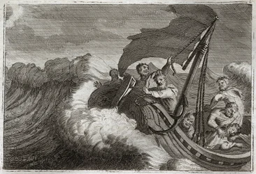 Bibbia di Royaumont, Nuovo Testamento: Tempesta placata. Gli apostoli sono sorpresi da una tempesta, svegliano Gesù Cristo che dormiva nella loro nave, e lui calma anche il Mare di Galilea. Illustrazione del 1811.