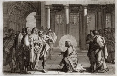 Bibbia di Royaumont, Nuovo Testamento: La donna adultera. Gesù Cristo si sottrae divinamente alle trappole che i Giudei gli tendono, chiedendogli cosa fare di una donna sorpresa in adulterio, dicendo: "Chi di voi è senza peccato scagli la prima pietra". Il