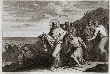Bibbia di Royaumont, Nuovo Testamento: Il lebbroso e il centurione. Un lebbroso prega Gesù Cristo di guarirlo dalla lebbra, e un centurione lo manda a pregare per guarire il suo servo malato. Illustrazione del 1811.