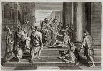 Bibbia di Royaumont, Nuovo Testamento: Guarigione del paralitico. San Pietro, accompagnato da San Giovanni, guarisce miracolosamente un paralitico a Gerusalemme. Illustrazione del 1811.