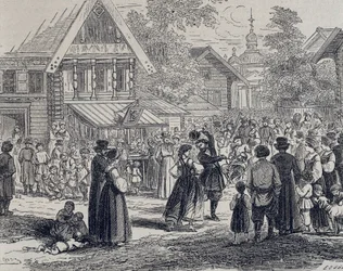 Russia (XIX secolo). Festa in un villaggio. 1879 (incisione)