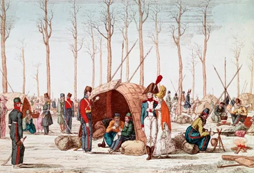 Soldati russi accampati sugli Champs-Elysees, Parigi, Francia, 31 marzo 1814 (incisione)