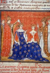 Incoronazione di Luigi VIII e Bianca di Castiglia - Miniatura medievale, rif. 512, 345v. Richiesta di autorizzazione alla Biblioteca municipale di Tolosa, tel.: 05 62 27 66 66