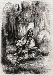Sacripante disarcionato in presenza di Angelica - incisione del 1851 da "Orlando furioso" (XVI secolo) di Ludovico Ariosto, noto come l