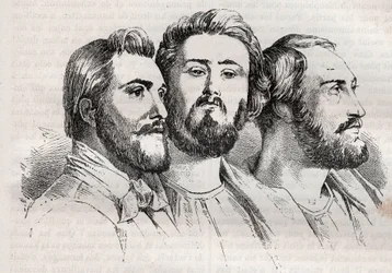 Saint-Simonianismo - Saint-Simoniani - Charles Duveyrier (1803-1866) - Emile Barrault (1799-1869) - Michel Chevalier (1806-1879) - Incisione del 1882 in Histoire de dix ans: 1830-1840 di Louis-Blanc (1811-1882)