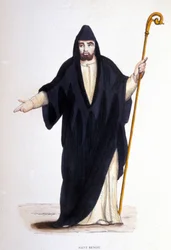 San Benedetto da Norcia (nato a Norcia in Umbria intorno al 480 - 527). Incisione da un album sugli ordini religiosi, Parigi