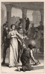 Santa Blandina - Santa Blandina (martire 177) rifiuta di sacrificare agli idoli - incisione in "Le Donne Illustri di Francia" di Oscar Havard - 1886
