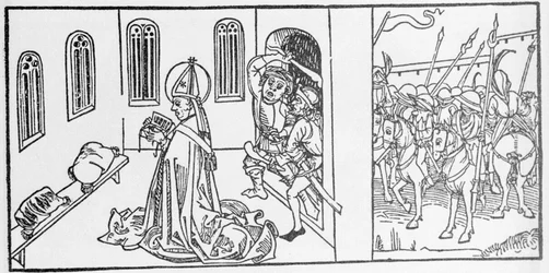 San Lamberto. Incisione da “Leben der Heiligen - sommerteil” (Il libro dei santi) di Jacobus (Giacomo) da Varagine (1228-1298). Lubecca 1488.
