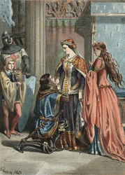 San Luigi (1214-1270), re di Francia, e sua madre Bianca di Castiglia (1188-1252). incisione del 1881 in "El Culto de la Hermosura" di Juan Justo Huguet, Molinas Hermanos editores