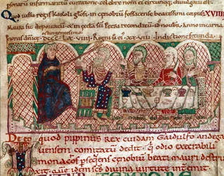 San Mauro (512-584) fondatore del monastero di Flanfeuil (San Mauro) in Angiò è ricevuto alla tavola di Gaidulfo di Ravenna, persecutore dei monaci e lo punisce Miniatura da Vita e Miracoli di San Mauro (ms 2273) 1100-1140 Biblioteca Municipale