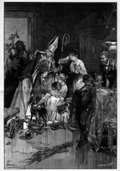 Festa di San Nicola in Lorena che porta giocattoli ai bambini. È accompagnato dal compare il Diavolo che porta verghe. Incisione in "Le Monde Illustré"