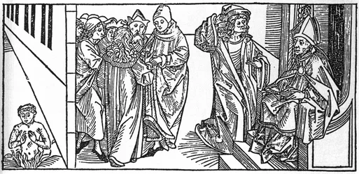 San Severino. Incisione da Leben der Heiligen - sommerteil (Il libro dei santi) di Jacobus (Giacomo) da Varagine (1228-1298). Lubecca 1488