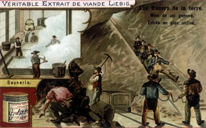 Salina e miniera di sale: estrazione del sale e salinaio. Cromolitografia dei prodotti Liebig, serie "I tesori della terra"