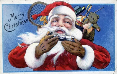 Babbo Natale e il suo cappuccio di giocattoli - Cartolina americana, fine XIX secolo