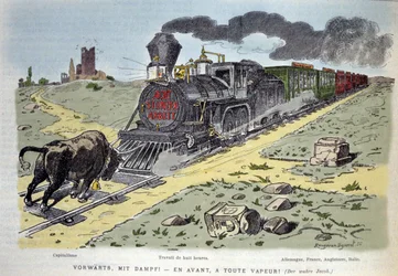 Vignetta satirica allegorica: il toro simbolo del capitalismo cerca di fermare il treno della riforma del lavoro. Ogni vagone è destinato a un paese: Germania, Francia, Inghilterra, Italia 1897