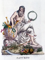 Saturno. In latino Saturnus (corrisponde al dio greco Crono).