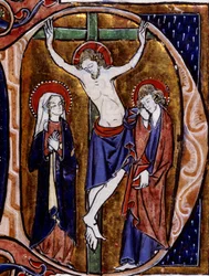 Scena di crocifissione in una lettera iniziale (lettera D). Miniatura in “Speculum historiale” di Vincent De Beauvais (XII secolo)