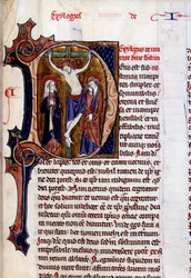 Scena di crocifissione in una lettera iniziale (lettera D). Miniatura in Speculum historiale di Vincent De Beauvais (XII secolo)