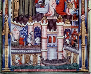 Scene di lavori di costruzione e navigazione a Parigi nel Medioevo. Miniatura dal manoscritto 