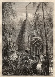 Secondo viaggio (1772-1775) del Capitano James Cook (1728-1779): casa circolare tradizionale, sul tetto di considerevole elevazione (Nuova Caledonia) - illustrazione tratta da “I grandi marinai del XVIII secolo”