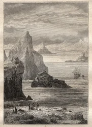 Secondo viaggio (1772-1775) del capitano James Cook (1728-1779): vista del Canale di Natale, Terra del Fuoco - illustrazione tratta da 