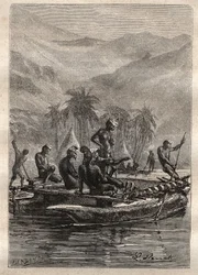 Secondo viaggio (1772-1775) del Capitano James Cook (1728-1779): i nativi avevano abbastanza fiducia per avvicinarsi e scambiare (Nuova Caledonia) - illustrazione tratta da 