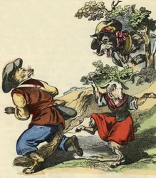 Il lupo vede, Maestro Volpe fugge, lasciando Piccola Capretta in pericolo. Illustrazione della fiaba "Bon medor e Piccola Capretta". In "Fiabe dalla casa per i piccoli". Incisione anonima del XIX secolo