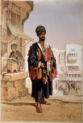 Venditore di pantofole e fumatore di narghilè in Egitto