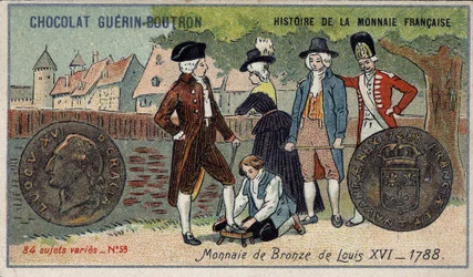 Serie Histoire de la Monnaie Française pubblicata da Chocolat Guérin Boutron. Cromolitografia del XIX secolo. Moneta di bronzo di Luigi XVI nel 1788