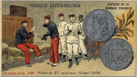 Serie Storia della Moneta Francese pubblicata da Chocolat Guérin Boutron. Cromolitografia del XIX secolo. Moneta da 25 centesimi. Nichel 1904