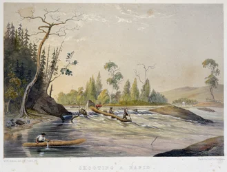 Coloni che pescano in una rapida - in "Sketches on the nipisaguit a river of New Brunswick in America" di William Hickman, ed. Halifax