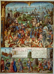 Settima Crociata (1248-1254). In alto, Luigi IX (San Luigi) (1215-1270), Re di Francia, con i crociati dopo essere stati sconfitti dai Saraceni a Mansourah nel 1250. Si ritirarono dietro le torri di Damasco. Luigi IX e i suoi due fratelli sono fatti prigio