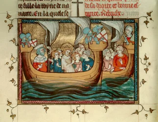 Settima Crociata: il Re di Francia San Luigi (o Luigi IX) (1214-1270) arriva a Nicosia a Cipro intorno al 1245. Miniatura. B.N. Parigi