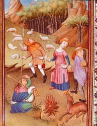 Pastori che riposano vicino a un fuoco di legna Miniatura tratta da "Le Ore di Edoardo I (Duarte) del Portogallo (1391-1438)" 15° secolo Lisbona, Torre do Tombo