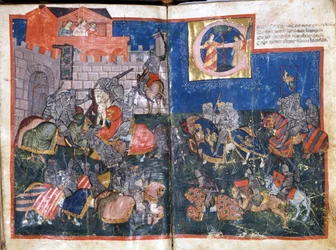 Assedio di Pamplona in Spagna da parte di Carlo Magno Miniatura da "Entrata di Spagna". XIV secolo Venezia, Biblioteca Marciana