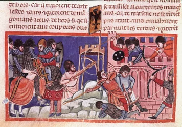Assedio di una città fortificata. Miniatura da un codice sui fatti di Giulio Cesare (101 a.C.-44 a.C.) XIV secolo Venezia, Biblioteca Marciana