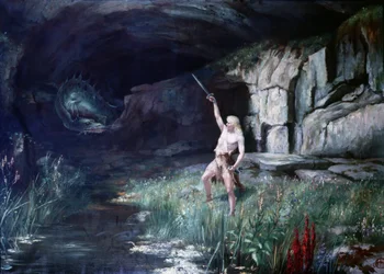 Sigfrido, di fronte al drago Fafner, brandisce la sua spada. Scena dell