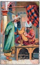 Sindbad fa una sella. Le meravigliose avventure di Sinbad il marinaio. Racconto popolare delle Mille e una notte. Cromolitografia della fine del XIX secolo.