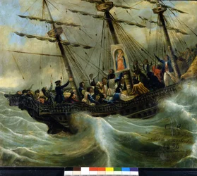 Naufragio di una nave di emigranti svizzeri. Ex voto del 1856 dal santuario della Madonna del Sasso a Locarno. Dipinto attribuito a Giovanni Antonio Vanoni.