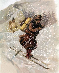 Sciare sulla neve. Cromolitografia