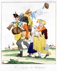 Soldato inglese delle campagne contro Napoleone imbarazzato dalla moglie e dai figli - in "Museo della caricatura" di E. Jaime, ed. Delloye, Parigi