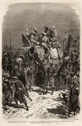 Incontro solenne e stretta di mano sul dorso di un elefante, tra il gruppo di viaggiatori e il Maharajah di Chutterpore, alla fiera di Kajraha. Incisione per illustrare il viaggio in India dei Rajah, di Louis Rousselet, nel 1864-1868, pubblicato in "Le tou