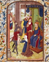 Il giudizio di Salomone (due donne pretendono di essere la madre dello stesso bambino) (miniatura da un manoscritto del XV secolo)