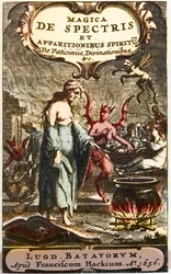 Streghe che preparano pozioni osservate dai diavoli, frontespizio da "Magica de spectris et apparitionibus spiritu de vaticiniis, divinationibus" di Henningus Grosius
