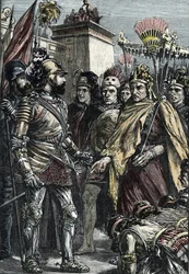 Conquista spagnola del Messico: incontro tra Hernan Cortes e Montezuma II nel 1519