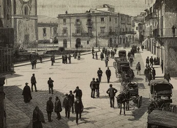Piazza e municipio di Monreale, insurrezione dei Fasci Siciliani, Italia, incisione da una fotografia di E Interguglielmi da L