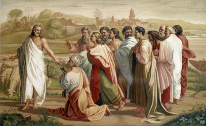 Missione di San Pietro: Gesù affida il suo gregge a Pietro alla presenza degli altri apostoli - secondo un dipinto del XVI secolo